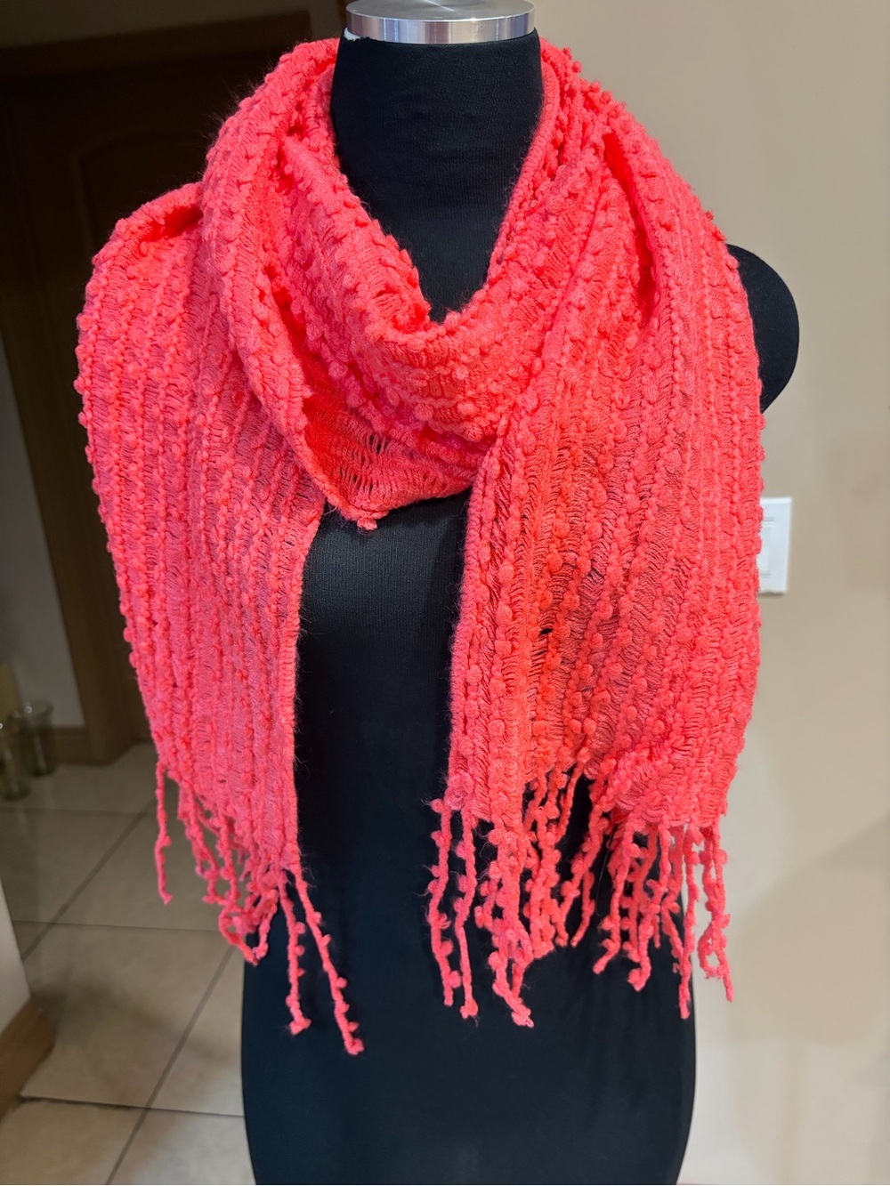 Coral Pink Textured Fringe Scarf - Women's Accessory